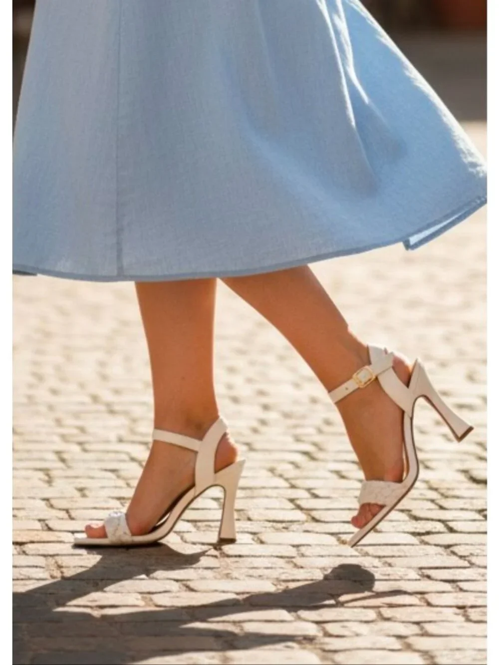 White Braided Strap High Heel Sandals With Square Toe & Adjustable Buckle Closur